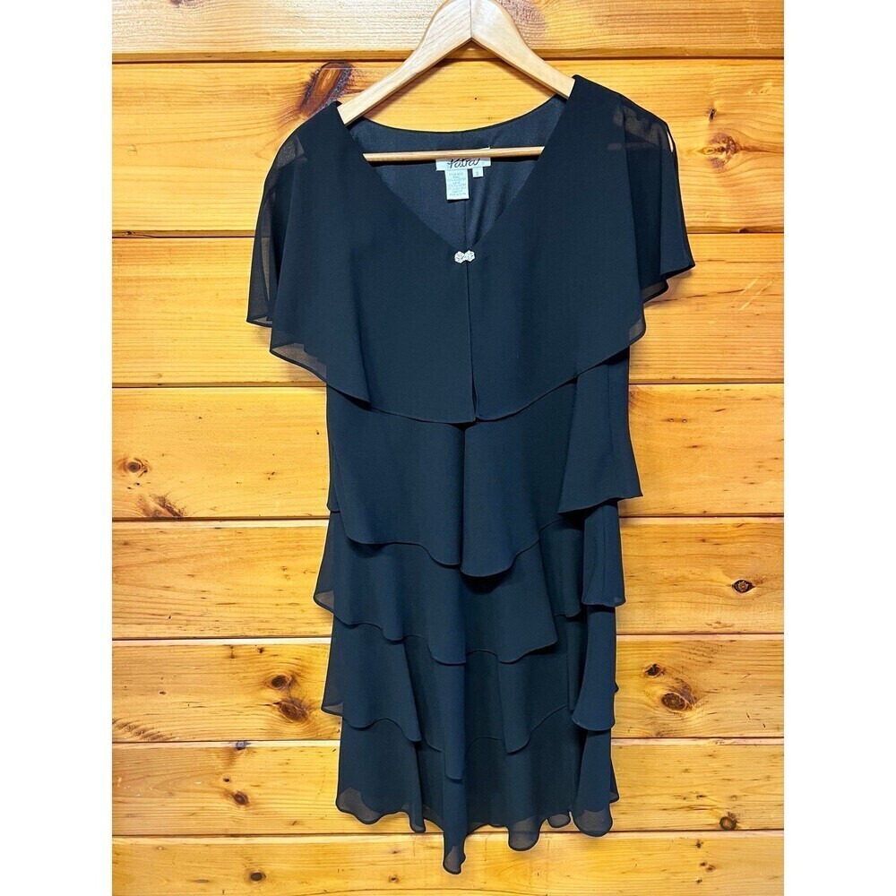 PATRA  Sz.8 Black Dress 5 Layers Big Ruffles Lined V-Neck Shoulder Wide Collar